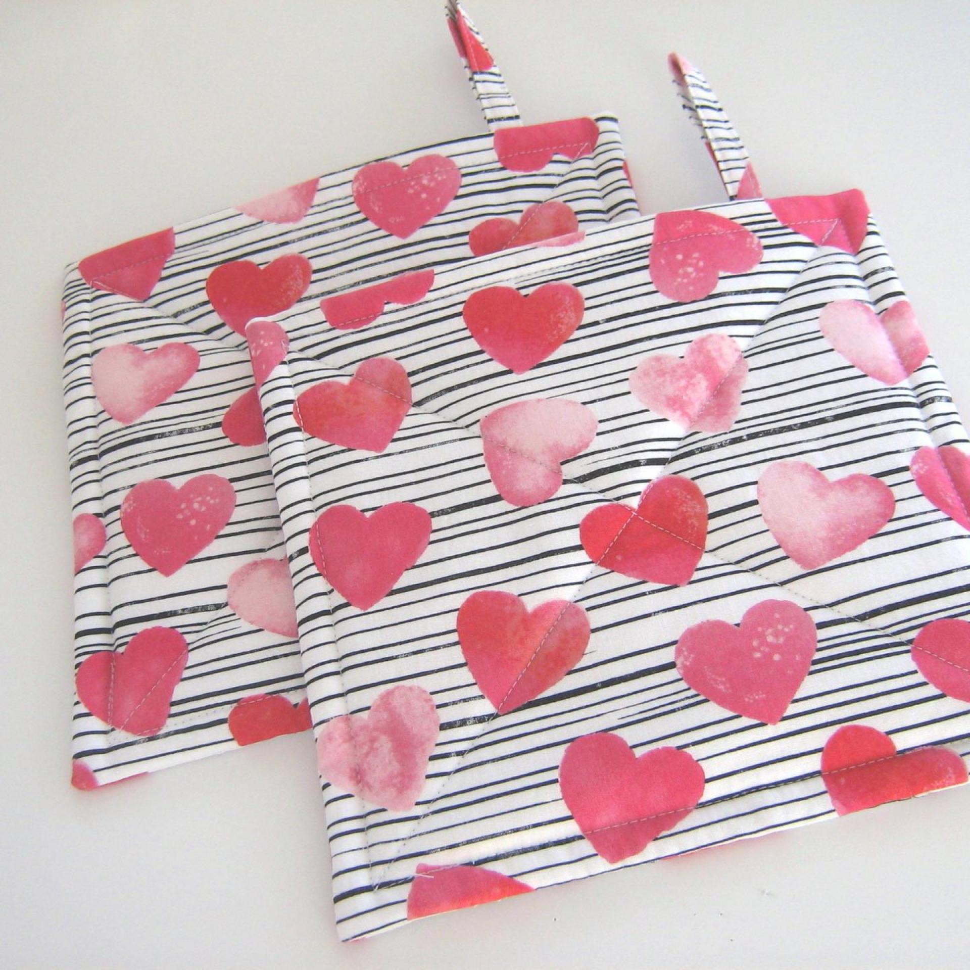 Valentine Potholders, Pink Hearts, Black White Stripes Quilted Hot Pads, USA Handmade Gift, Housewarming, Hostess, Sweetheart Gift