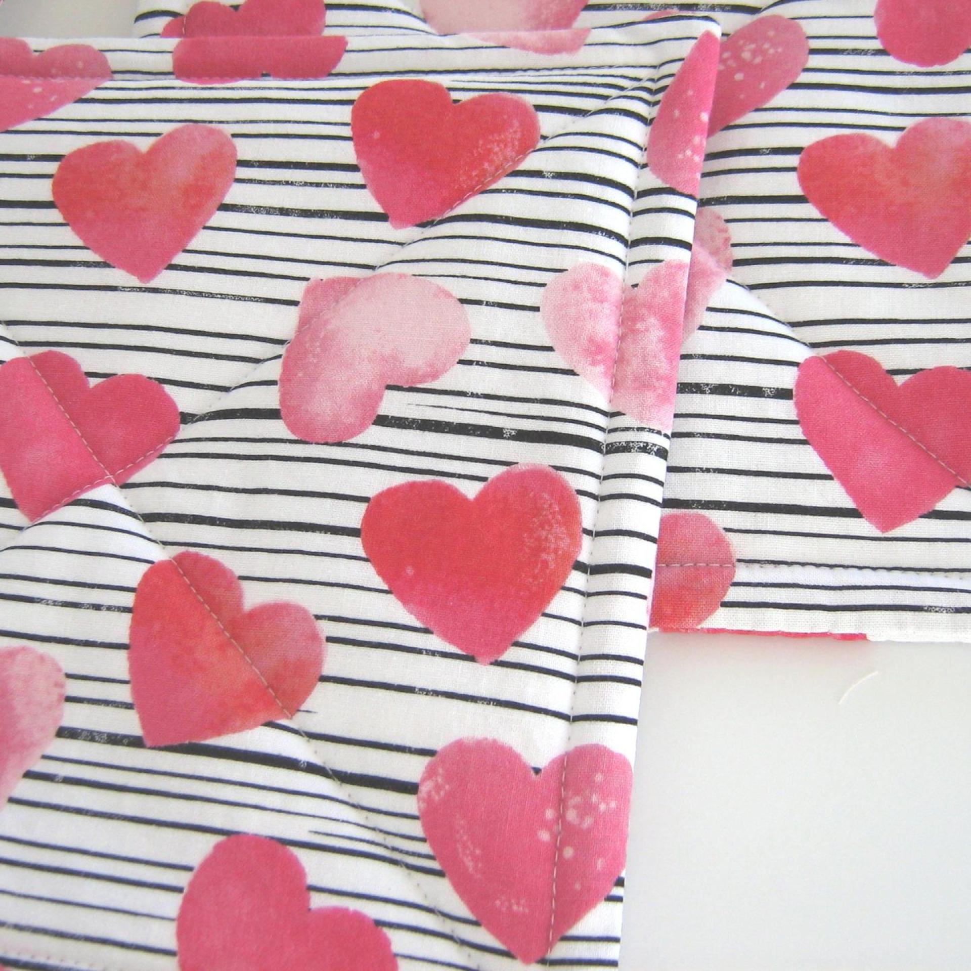 Valentine Potholders, Pink Hearts, Black White Stripes Quilted Hot Pads, USA Handmade Gift, Housewarming, Hostess, Sweetheart Gift