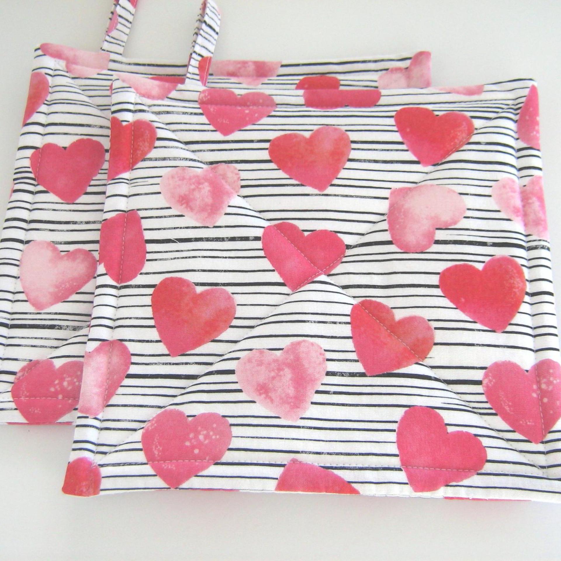 Valentine Potholders, Pink Hearts, Black White Stripes Quilted Hot Pads, USA Handmade Gift, Housewarming, Hostess, Sweetheart Gift