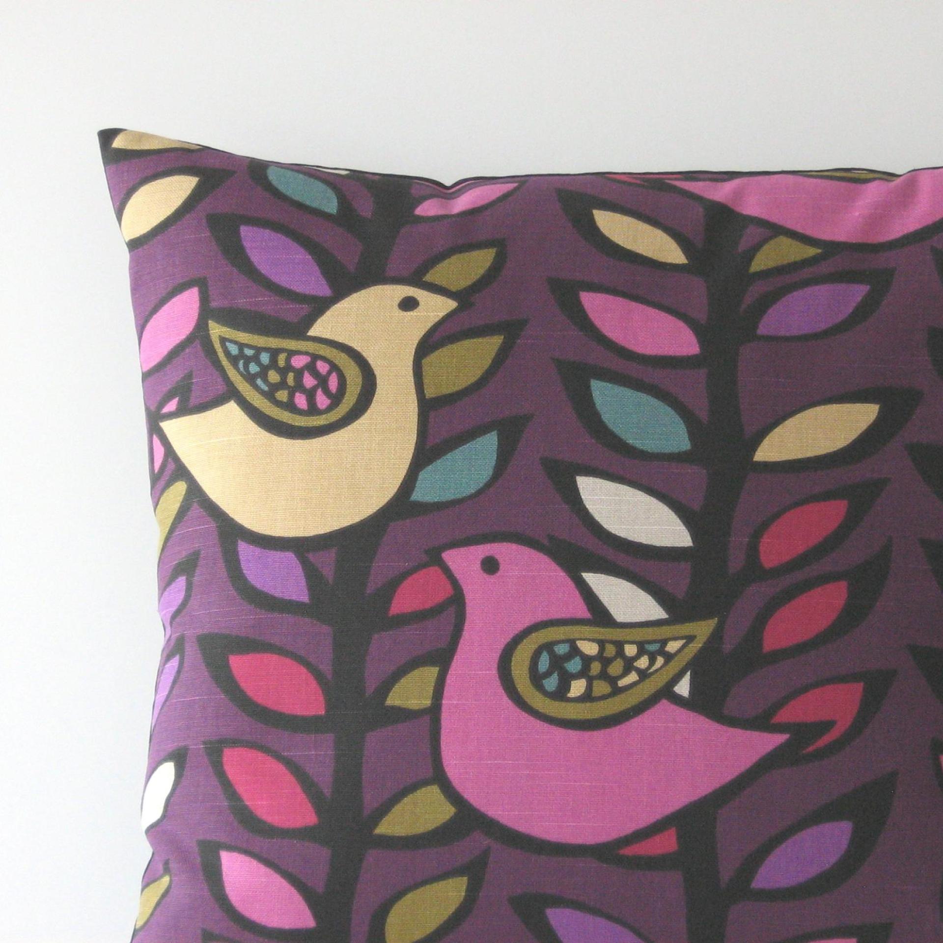 Mod Style Bird Pillow Cover in Pink, Olive, Yellow on Purple Linen Cotton Blend, KAS Designer Print, 23 x 23 Inches, USA Handmade