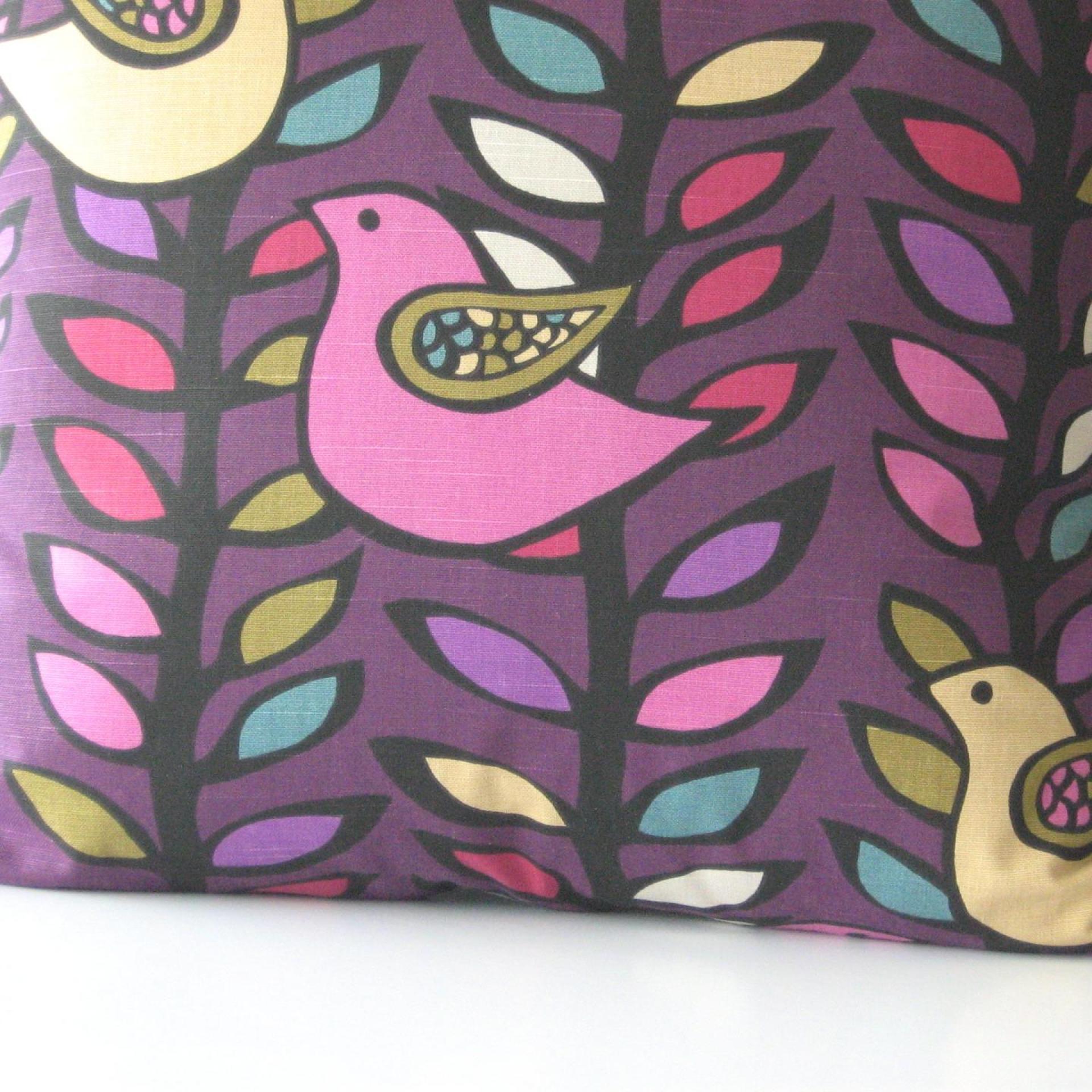 Mod Style Bird Pillow Cover in Pink, Olive, Yellow on Purple Linen Cotton Blend, KAS Designer Print, 23 x 23 Inches, USA Handmade