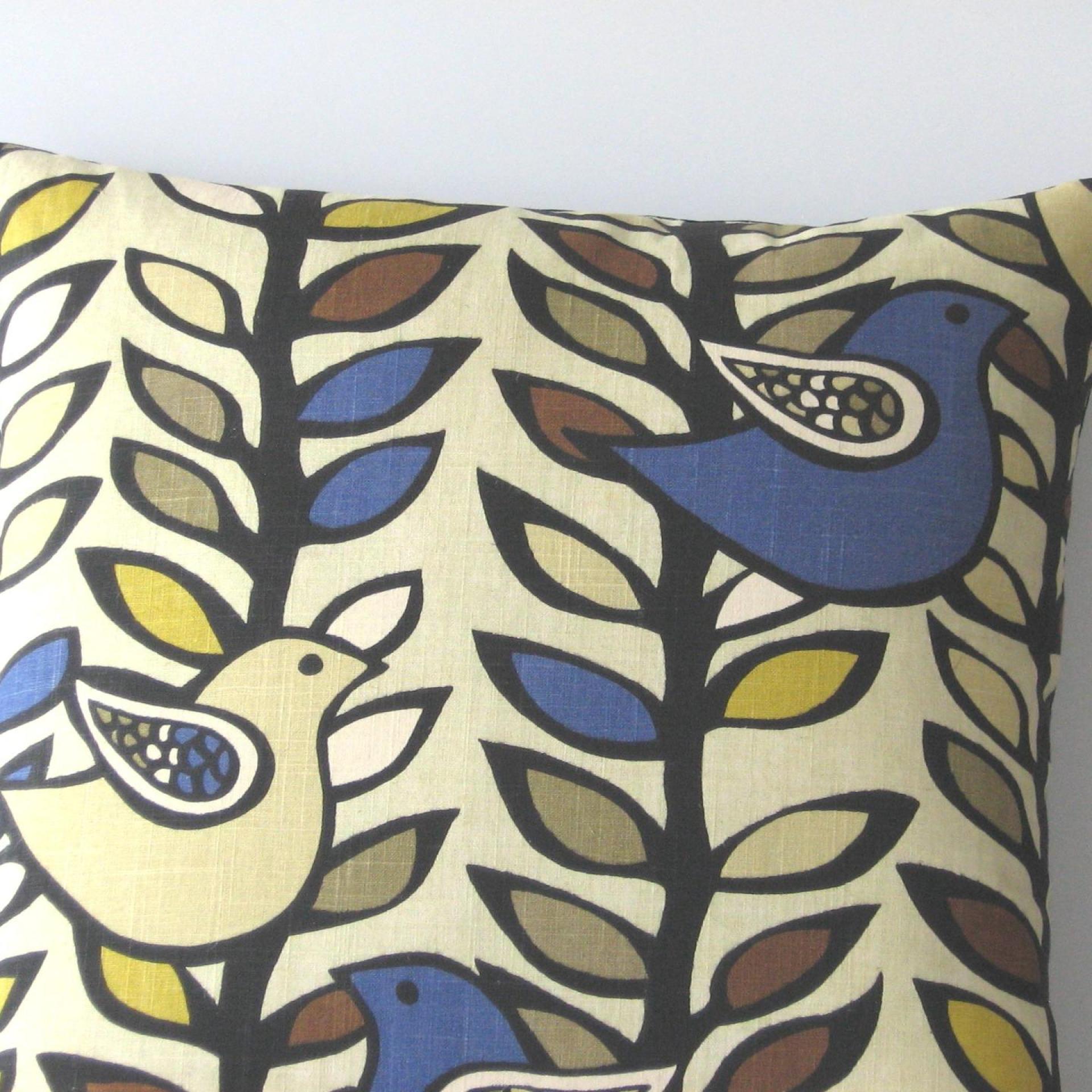 Mod Style Birds Pillow Cover in Beige, Blue, Mustard, Taupe Linen Cotton Blend, KAS Designer Print, 21 x 21 Inches, USA Handmade