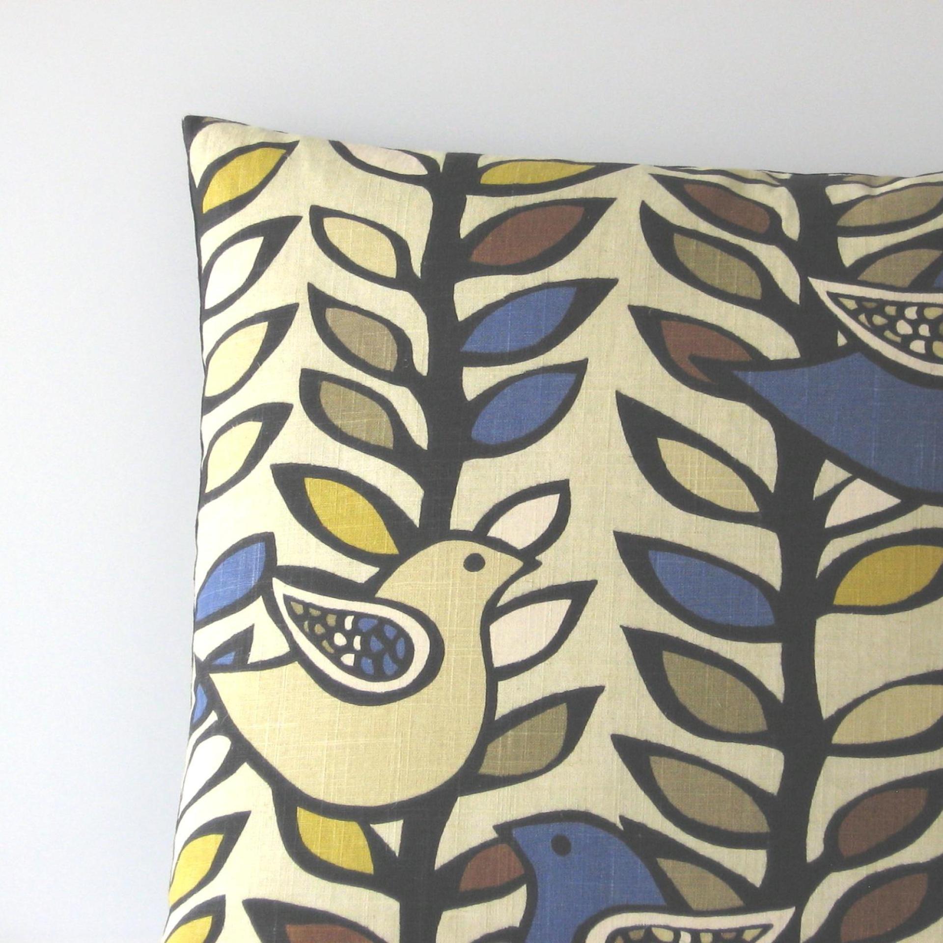 Mod Style Birds Pillow Cover in Beige, Blue, Mustard, Taupe Linen Cotton Blend, KAS Designer Print, 21 x 21 Inches, USA Handmade