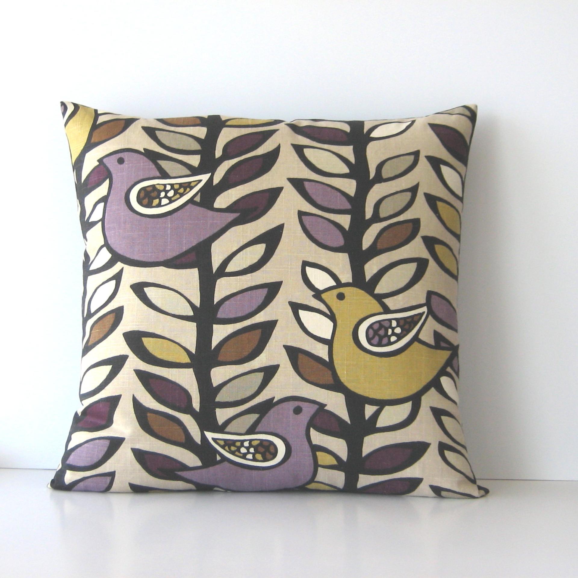 Mid Century Style Pillow Cover in Mustard, Plum, Chocolate, White on Taupe Linen Cotton Blend, KAS Designer Birds, 21 x 21 Inches, USA Handmade