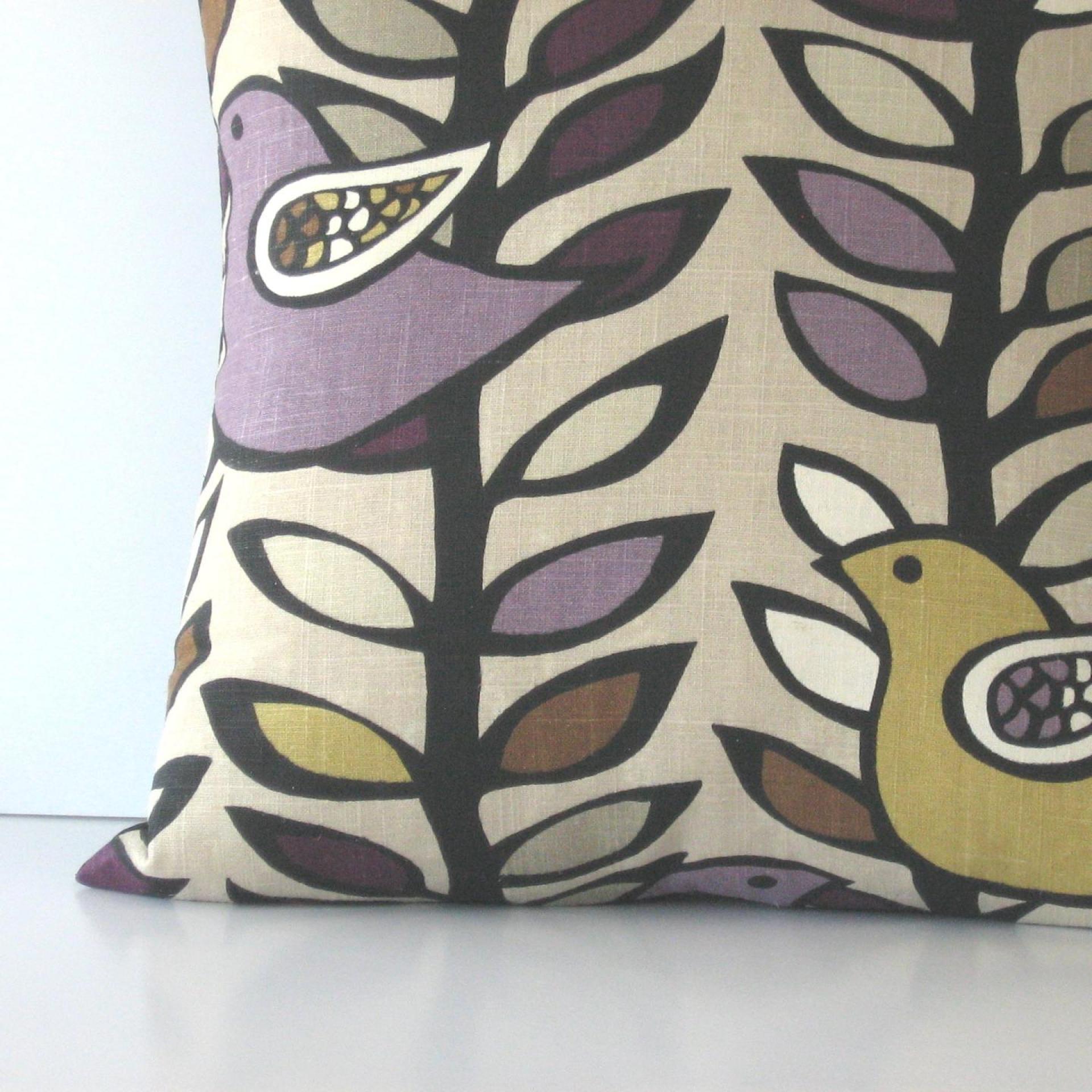 Mod Bird Pillow Cover in Purple, White & Mustard on Taupe KAS Designer Print Linen Cotton Blend, 19 x 19 Inches, USA Handmade