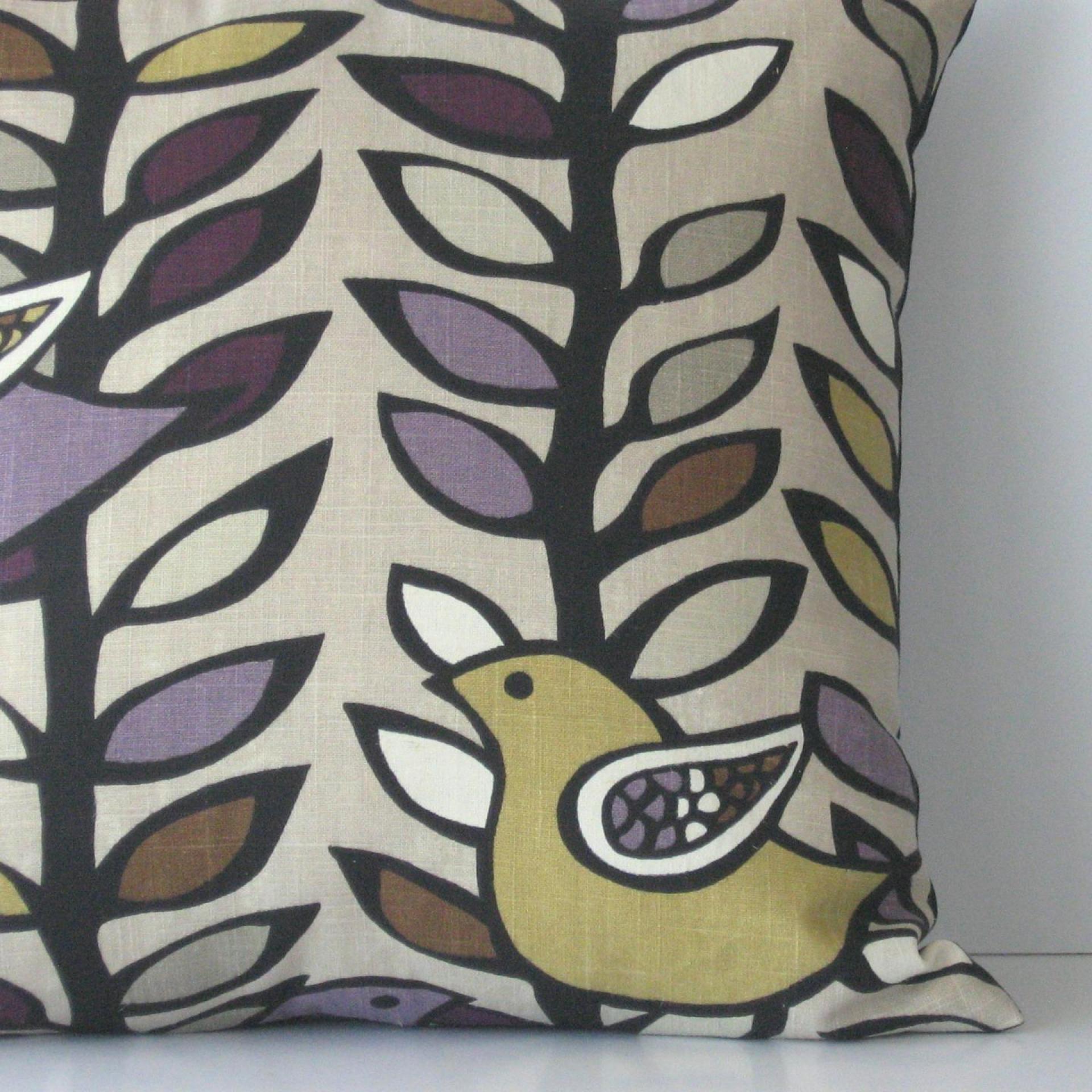 Mod Bird Pillow Cover in Purple, White & Mustard on Taupe KAS Designer Print Linen Cotton Blend, 19 x 19 Inches, USA Handmade