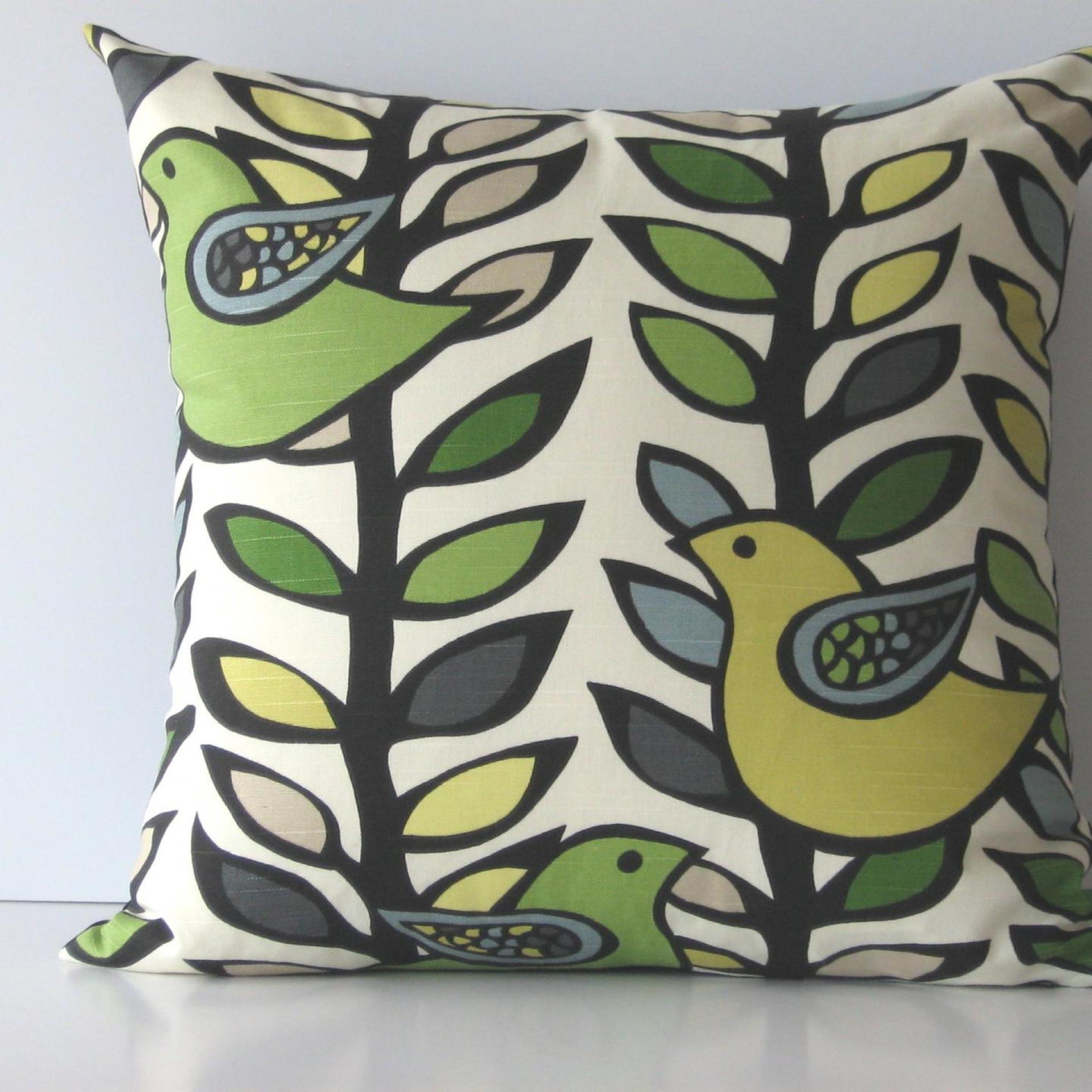 Mod Birds & Trees Pillow Cover in Off-White, Green, Gray, Chartreuse Linen Cotton Blend, KAS Designer Print, 19 x 19 Inches
