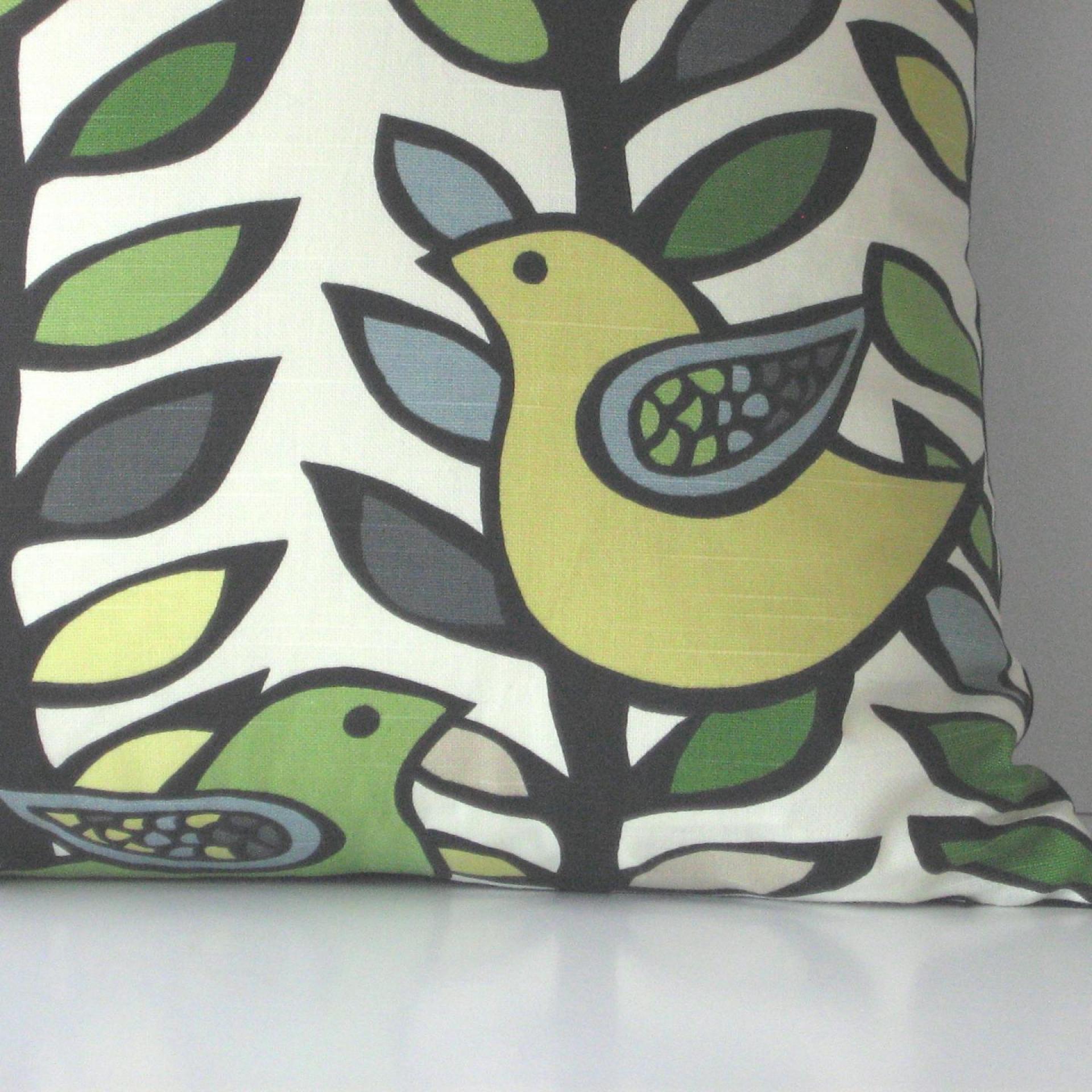 Mod Birds & Trees Pillow Cover in Off-White, Green, Gray, Chartreuse Linen Cotton Blend, KAS Designer Print, 19 x 19 Inches