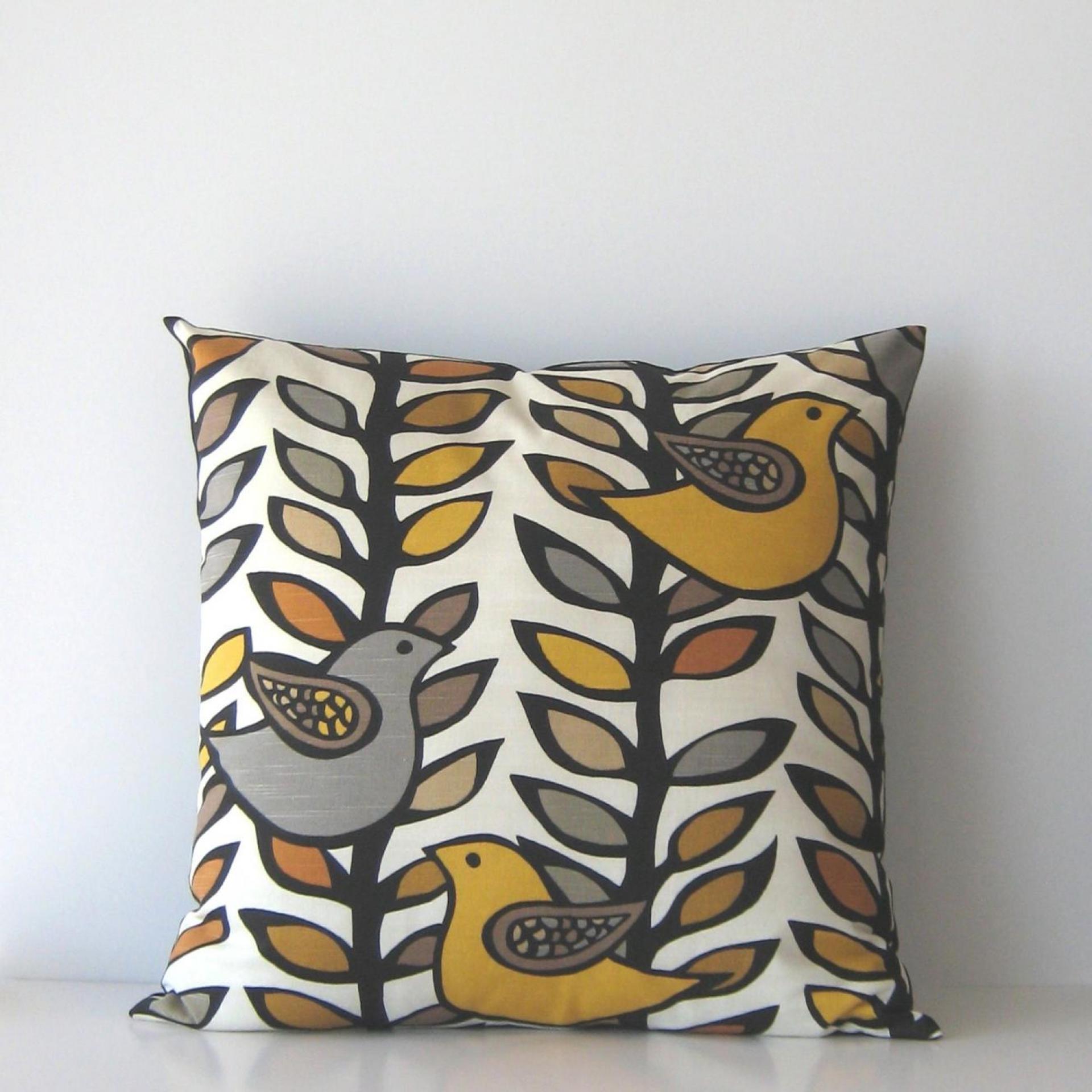 Retro Birds Pillow Cover in White Gold Grey Linen Cotton Blend KAS Designer Print 21 x 21 Inches
