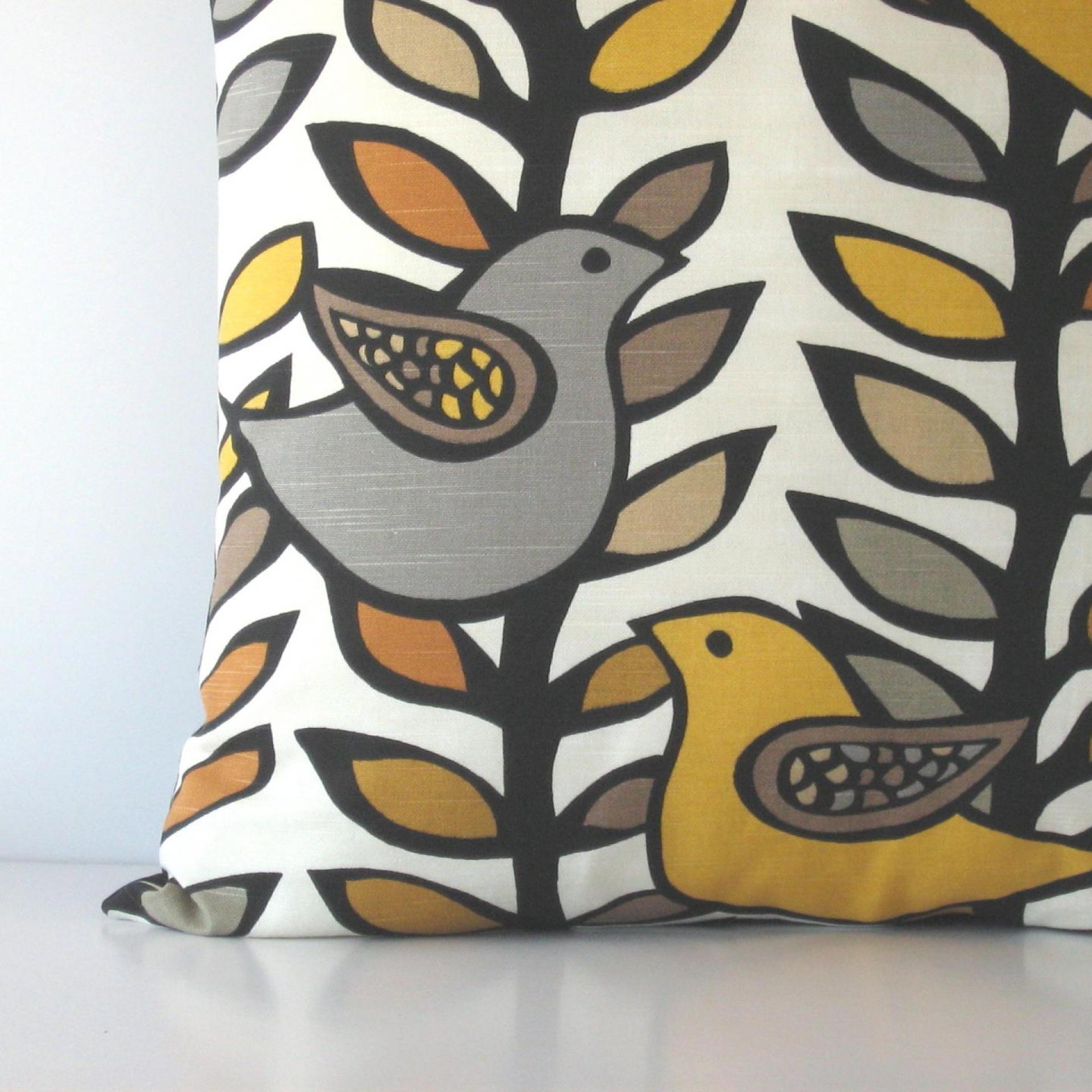 Retro Birds Pillow Cover in White, Gold, Grey Linen Cotton Blend, KAS Designer Print, 21 x 21 Inches