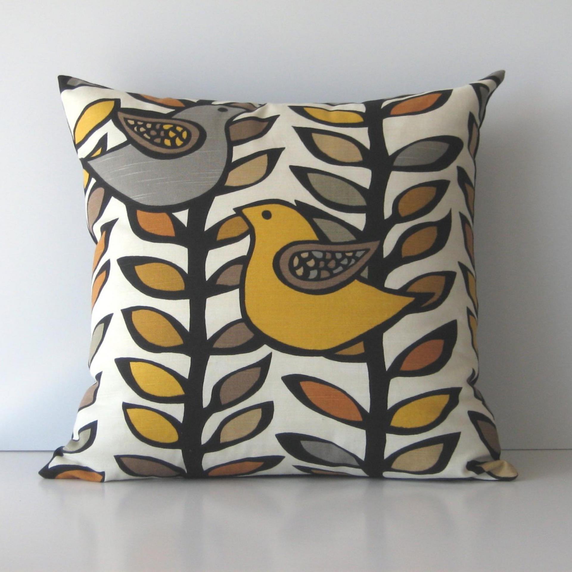 Mod Birds Pillow Cover in White, Gold, Grey, Black Linen Cotton Blend, KAS Designer Print, 19 x 19 Inches