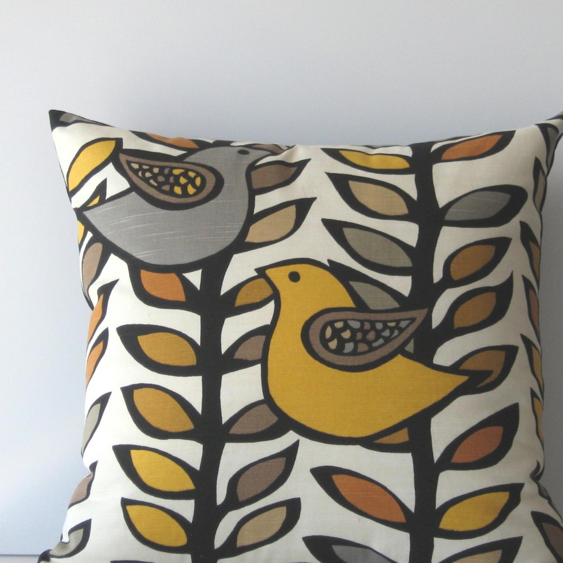 Mod Birds Pillow Cover in White, Gold, Grey, Black Linen Cotton Blend, KAS Designer Print, 19 x 19 Inches