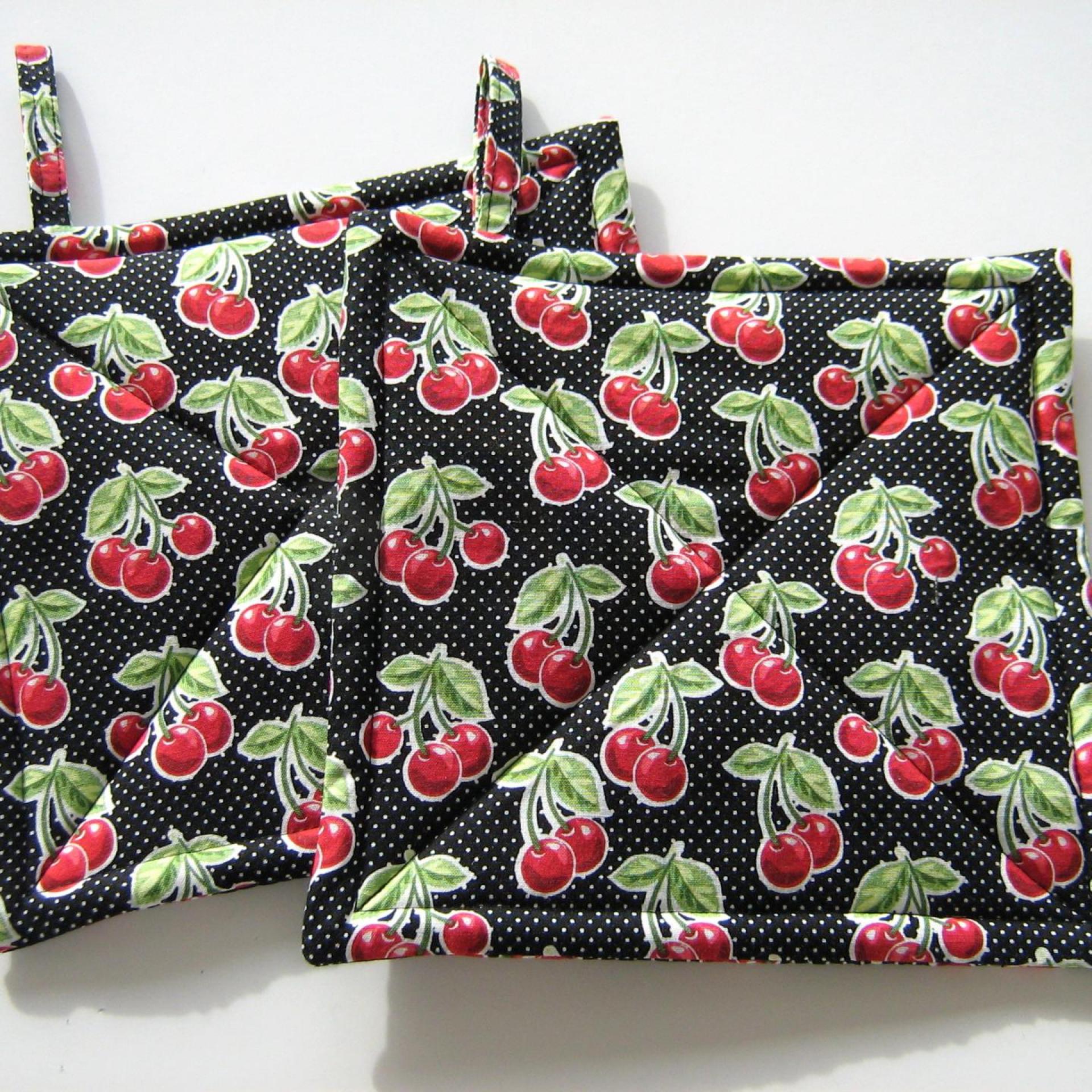 Cherries and Polka Dots Potholders, Red Black Retro Look Quilted Handmade Hot Pads, Housewarming Gift 