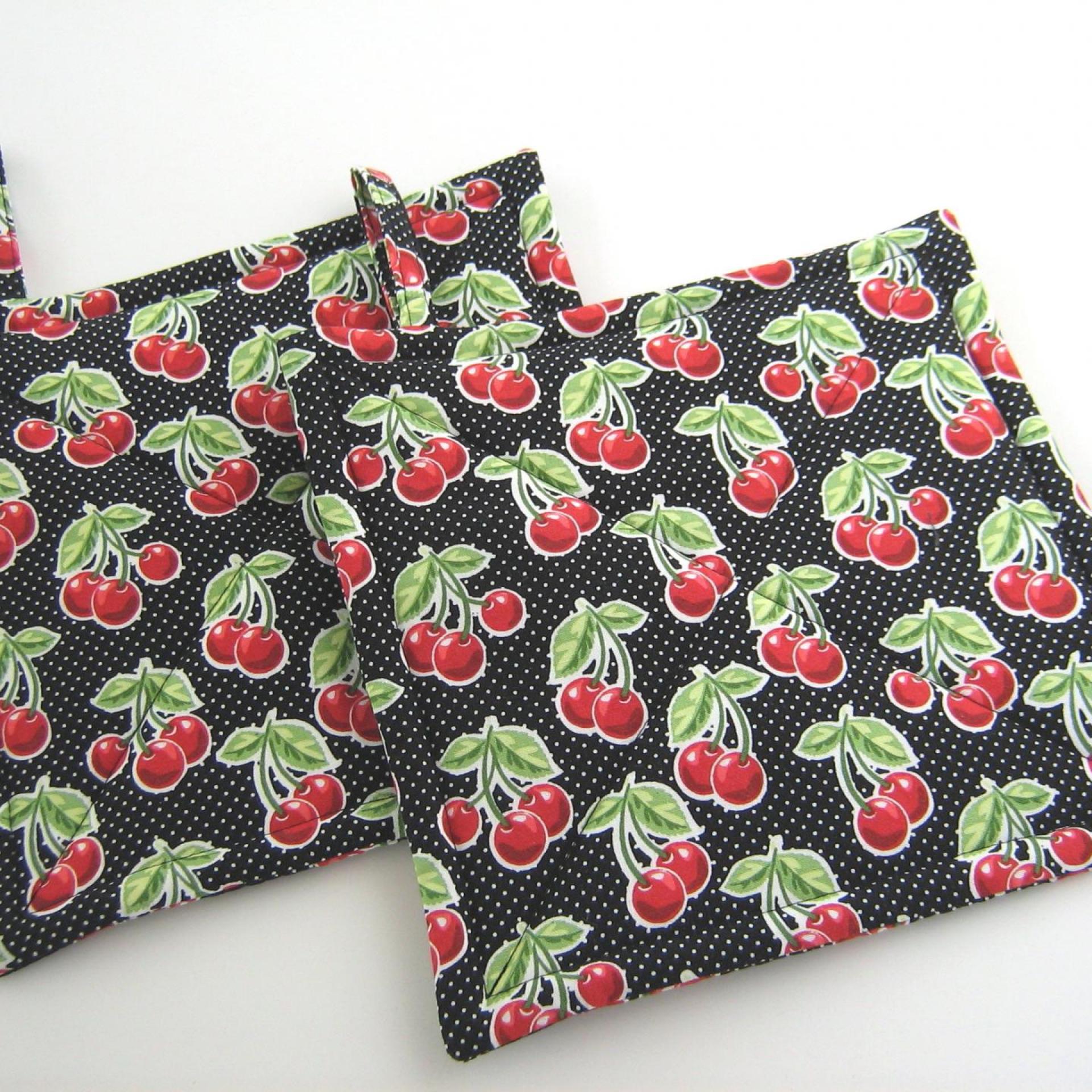 Cherries and Polka Dots Potholders, Red Black Retro Look Quilted Handmade Hot Pads, Housewarming Gift 