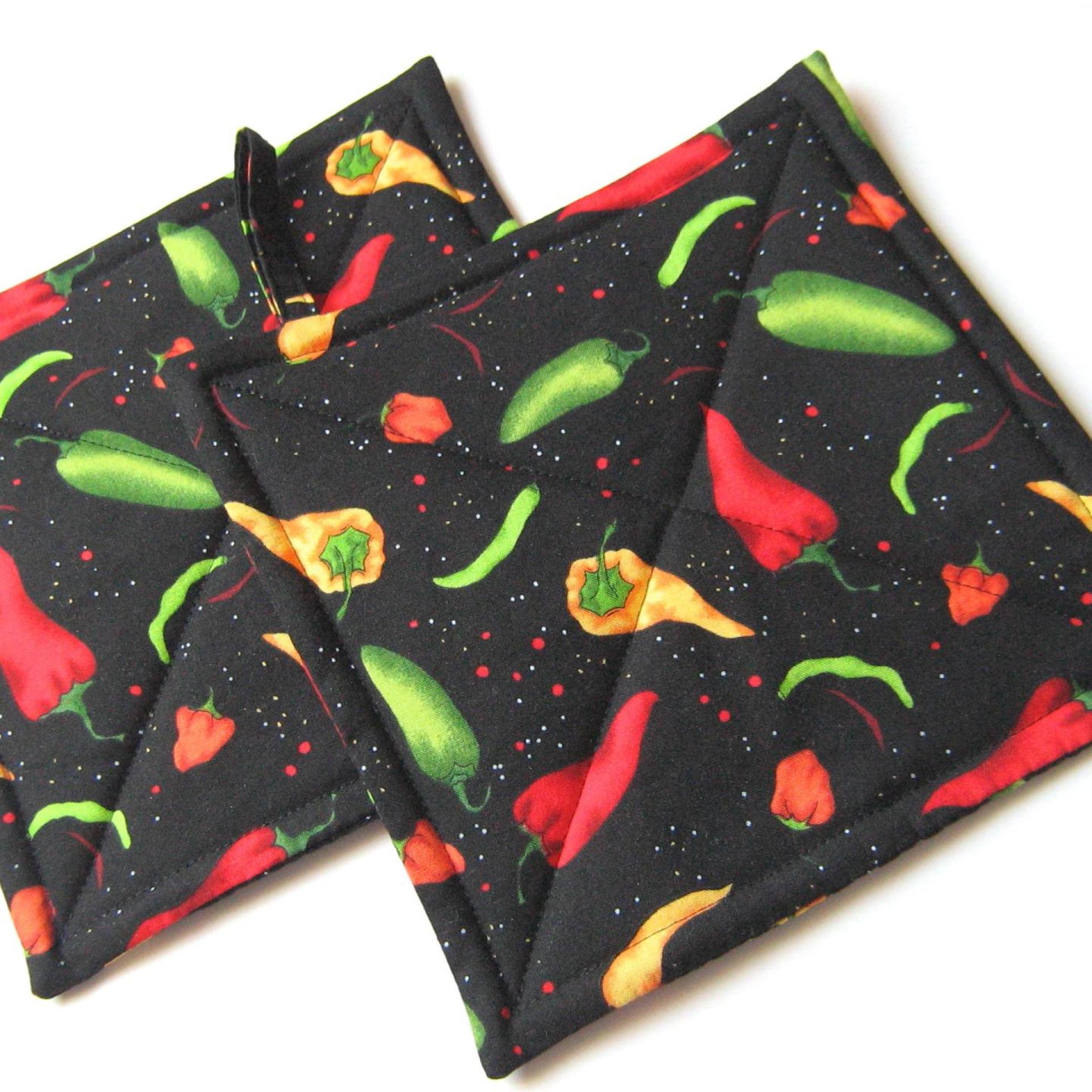 Chile Pepper Potholders, Hot Peppers Quilted Hot Pads, Handmade Hostess Gift