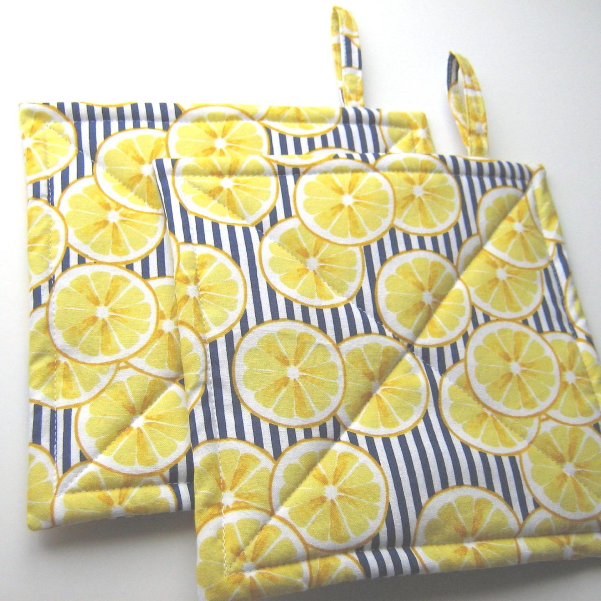 Lemon Slice Potholders with Navy & White Stripes, Blue & Yellow Retro Style Kitchen Décor, USA Handmade Hostess, Housewarming Gift