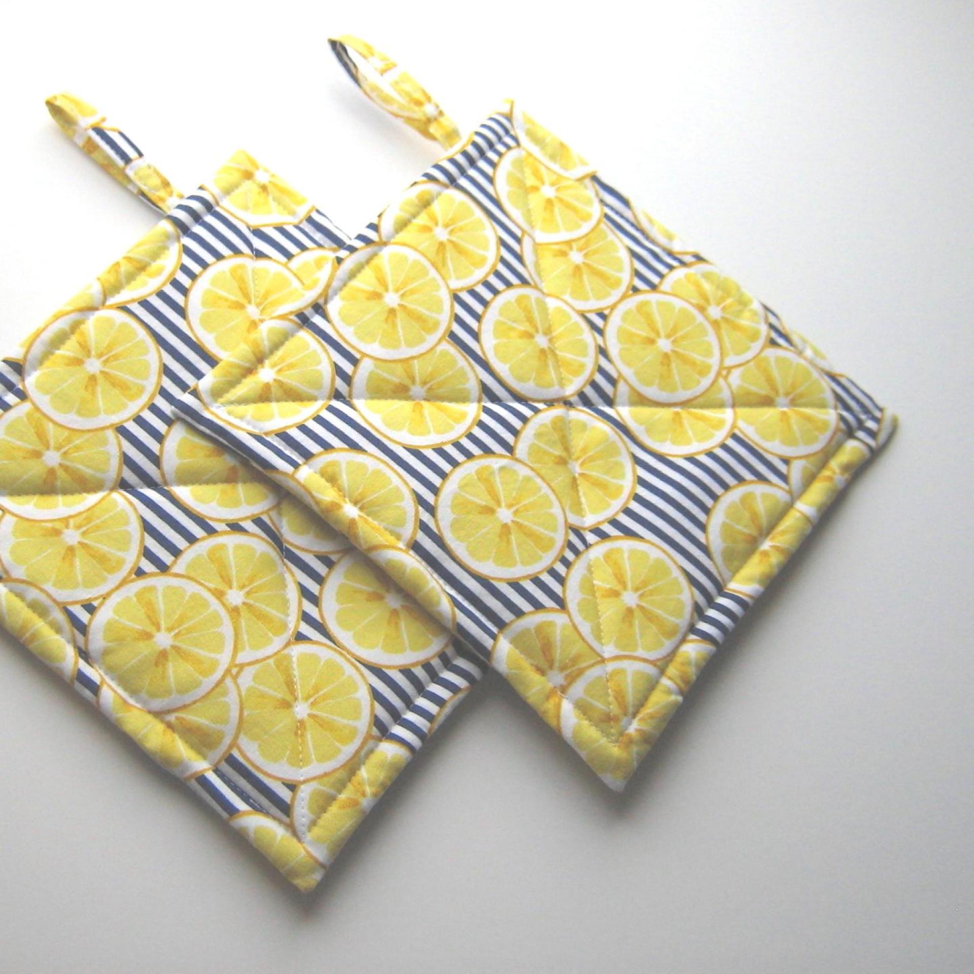 Lemon Slice Potholders with Navy & White Stripes, Blue & Yellow Retro Style Kitchen Décor, USA Handmade Hostess, Housewarming Gift