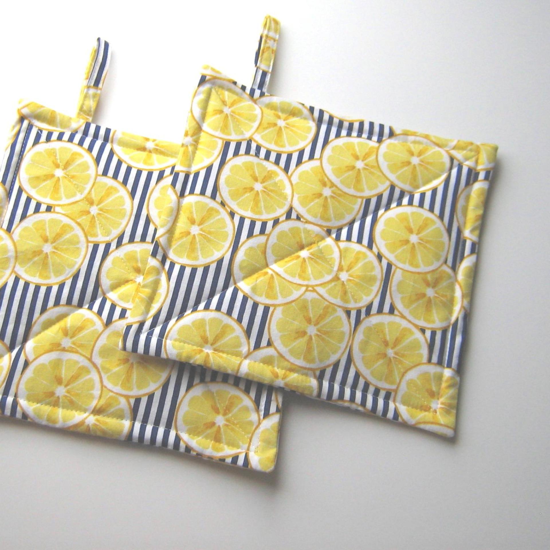 Lemon Slice Potholders with Navy & White Stripes, Blue & Yellow Retro Style Kitchen Décor, USA Handmade Hostess, Housewarming Gift