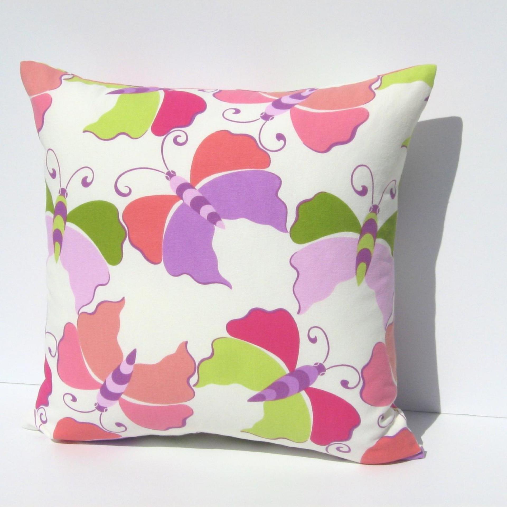 Butterfly Pillow Cover, Pop-Art Kids Room Décor, Pink, Lavender, Magenta, Coral & Green Butterflies, ~17 x 17 Pillow Cover, USA Handmade 