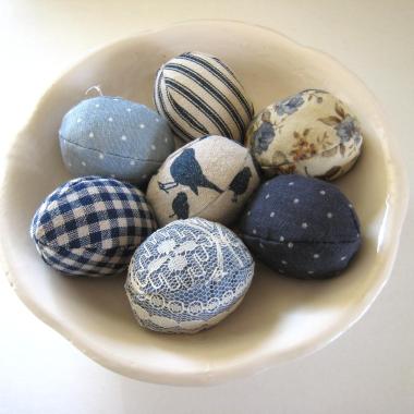 Easter Egg Bowl Fillers, Set of 7 Blue and Beige Small Stuffed Eggs, Trendy Table Décor, Tiered Tray Accent, USA Hand Crafted