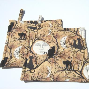 Halloween Potholders with Full Moons and Cats in Spooky Trees, Haunted House Décor, Handmade Hot Pads, Hostess Gift