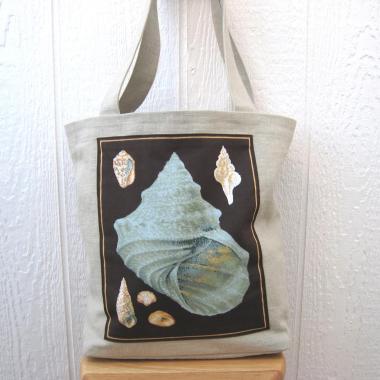 Seaside Tote Bag, Beige Beach Bag with an Assortment of Seashells, Market Shopping Tote, Vintage Fabric Panel, USA Handcrafted in New Mexico