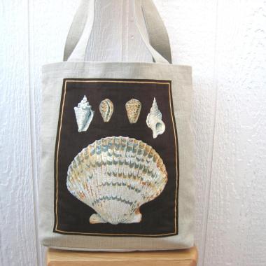 Seaside Tote Bag, Beige Beach Bag with an Assortment of Seashells, Market Shopping Tote, Vintage Fabric Panel, USA Handcrafted in New Mexico