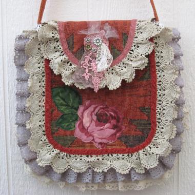 Boho Festival Bag w. Vintage Lace Trim, Rose Applique & Glamor Brooch, Décor Fabric Hippie Tote w. Starry Cotton Lining, 2 Pockets, USA Made