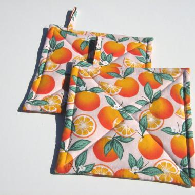 Oranges Potholders, Quilted Hot Pads with Orange Blossoms, Citrus Slices, Tiny Polka Dots, Hostess, Housewarming Gift