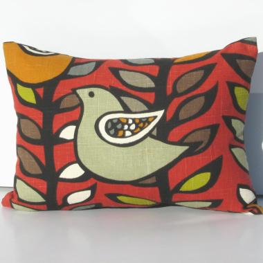 Mod Style Birds Mini Pillow Cover in Green, Gray, White on Red Linen Blend, KAS Designer Print, 11x15 Inches, USA Handmade