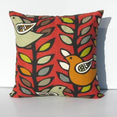 Funky Mod Style Birds Pillow Cover in Red, Green, Gray, Black, White Linen Cotton Blend, 17x17 Inches
