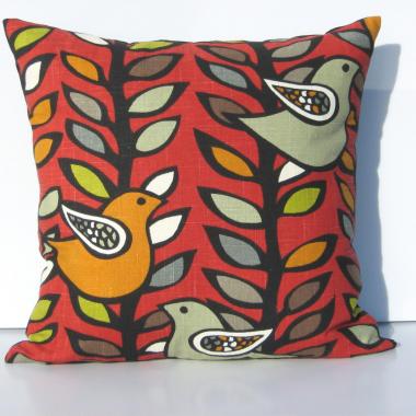 Mid Century Birds & Trees Pillow Cover in Red, Green, Gray, Black, White Linen Cotton Blend, 19 x 19 Inches