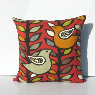 Red Mod Style Pillow Cover with Birds & Trees in Green, Gray, Black, White, Linen Cotton Blend, 17x17 Inches
