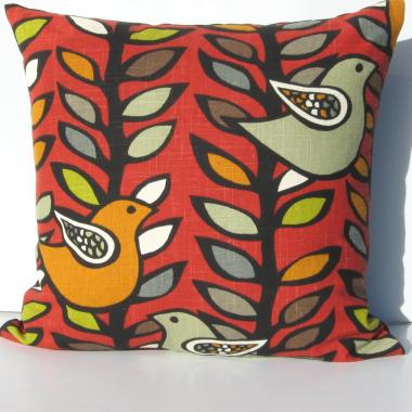 Mod Style Pillow Cover with Stylized Birds & Trees in Green, Gray, Black, White on Red Linen Cotton Blend, 19 x 19 Inches