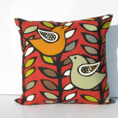Retro Birds Pillow Cover in Red, Green, Gray, Black, White Linen Cotton Blend, 17x17 Inches, KAS Designer Fabric