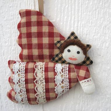 Primitive Angel Ornament, Stuffed Homespun Gingham Holiday Decoration, Farmhouse Christmas Tree, Country Cottage, USA Handmade