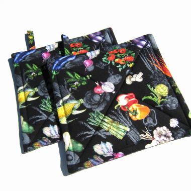 Summer Veggies Potholders, Colorful Garden Quilted Hot Pads, Stocking Stuffer, USA Handcrafted, Wrapped Ready for Gift Giving