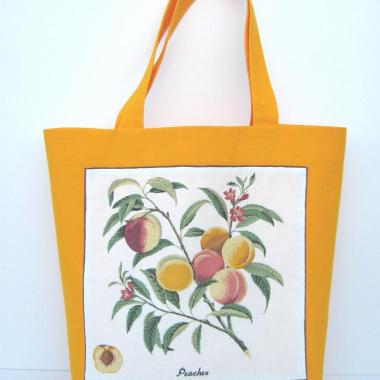 Fabric Shopping Bag, Orange Duck Canvas Tote with Vintage Peach Botanical Illustration, Eco-Friendly