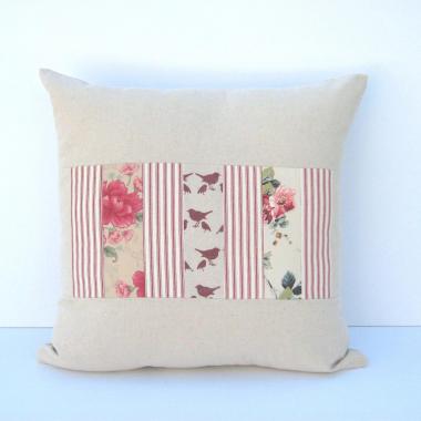 Country Cottage Pillow Cover, Red Tan Shabby Patchwork 19" x 19" Cottage Home Décor, USA Handmade