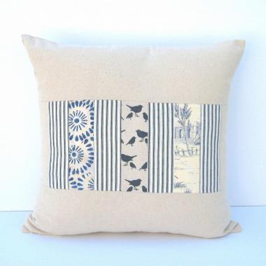 Shabby Cottage Pillow Cover, Beige Blue Patchwork 19" x 19" Country Patches Home Décor, USA Handmade