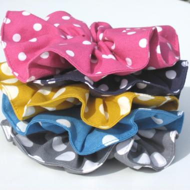 Rockabilly Polka Dot Scrunchies, Retro 50s Ponytail Holder, Pink, Blue, Yellow, Set of 5