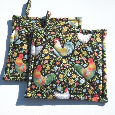 Garden Rooster Potholders, Flowers & Roosters Quilted Hot Pads, USA Handmade Housewarming, Hostess Gift
