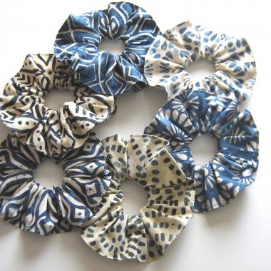 Indigo Batik Scrunchie Set, Blue Ponytail Holders, USA Made Hair Accessories, Pack of 6