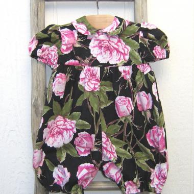 Pink & White Roses Baby Romper for 9 to 12 Months, USA Handmade Short-Sleeved 1-Pc. Easter Outfit