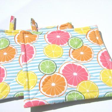 Lemons and Limes Potholders, Oranges, Grapefruit, Citrus Slices on Blue White Striped Quilted Hot Pads, Summer Patio Décor