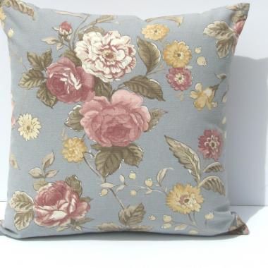 Cabbage Rose Pillow Cover, Pink & White Roses on Blue-Gray Home Décor Cotton, 17 x 17 Inches
