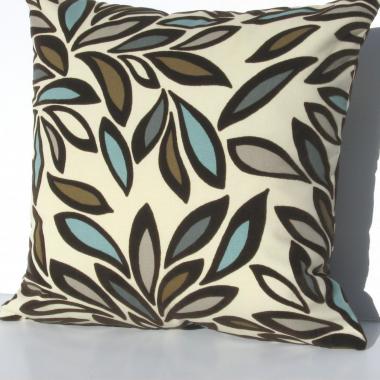 Flocked Velvet Pillow Cover, Velveteen Abstract Petals on Cotton, Turquoise, Brown, White Home Décor, 17 x 17 inches
