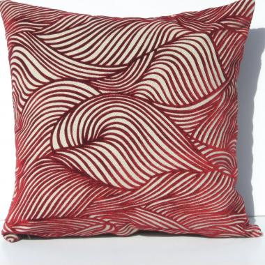 Red Flocked Velvet Pillow Cover, Velveteen Geometric Design Home Décor, Abstract Waves on Natural Linen Blend, 17 x 17 inches