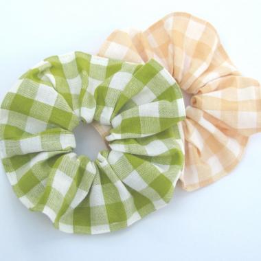 Gingham Check Linen Scrunchie, Choose from Apple Green or Pale Peach Linen Gingham Hair Accessory