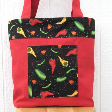 Chile Pepper Shopping Bag, Red Canvas Tote with Green, Yellow, Red and Black Chile Pepper Trim, USA Handmade